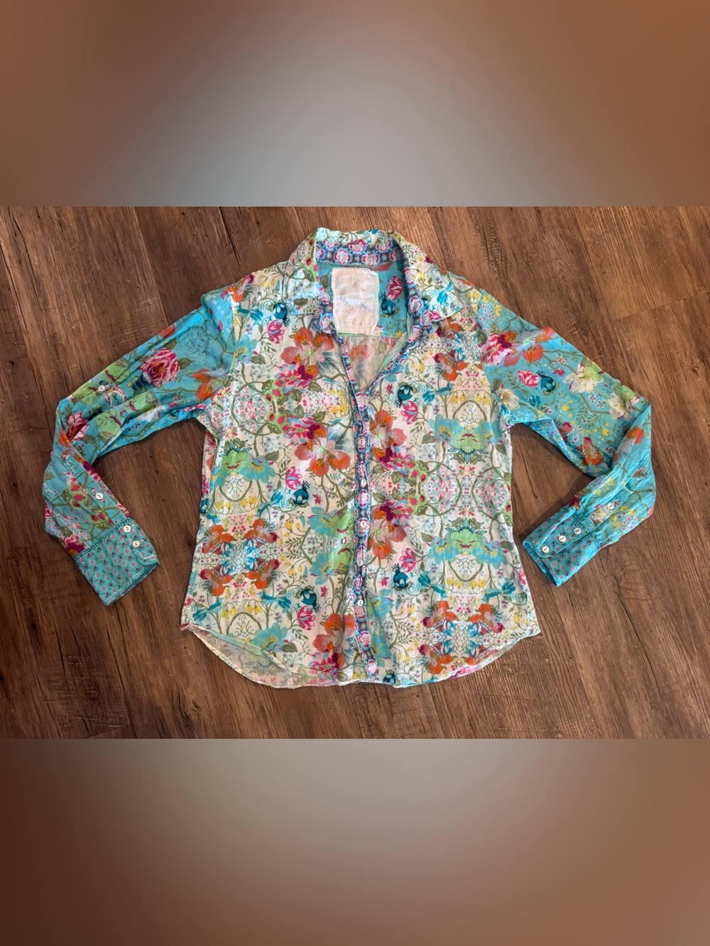 Cino Mixed Pattern Patchwork Floral 100% Cotton Button Down Top Sz L